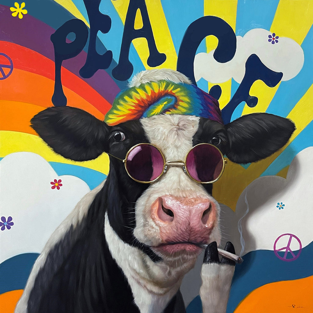 Oil painting of cow and sunglasses smoking