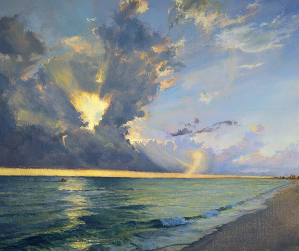 Oil painting of light coming through the clouds over the ocean
