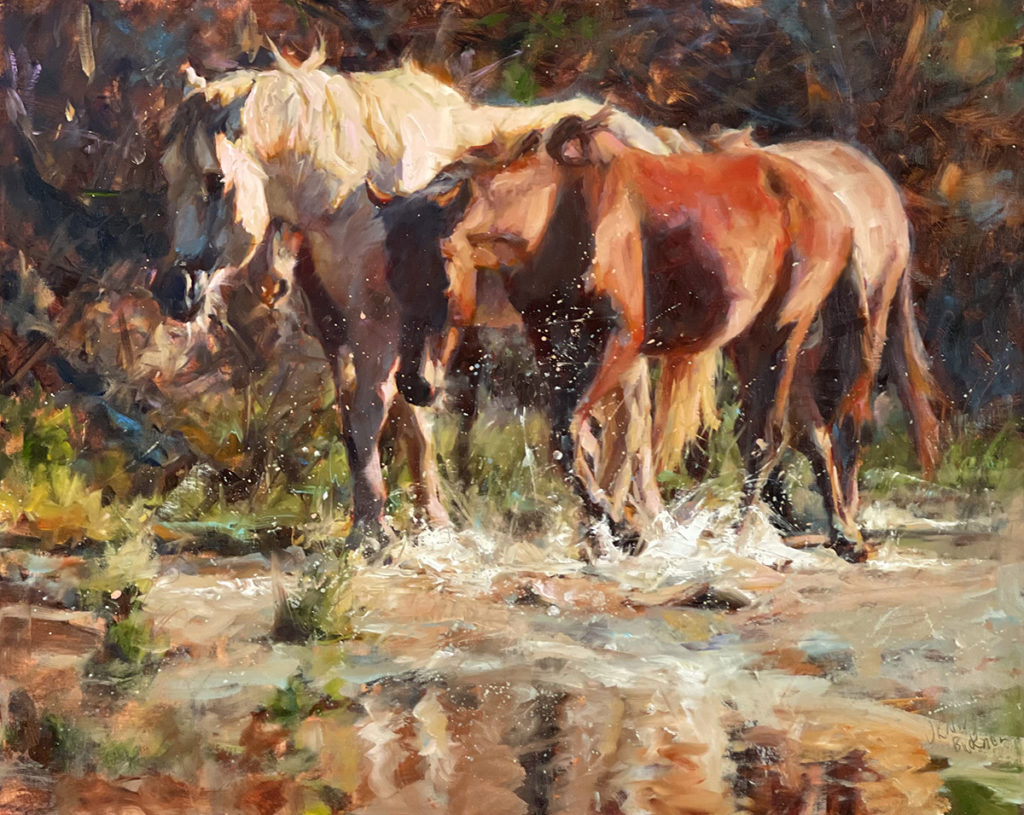 Oil painting of two horses splashing in creek