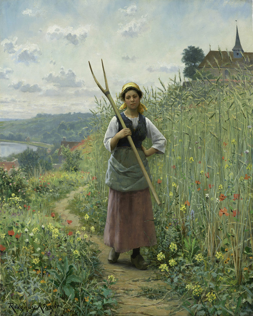 Oil painting of girl holding pitch fork in field.