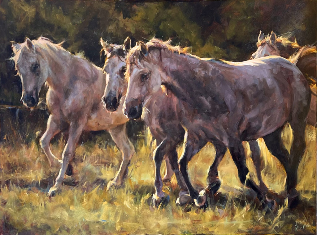 Oil painting of horses running
