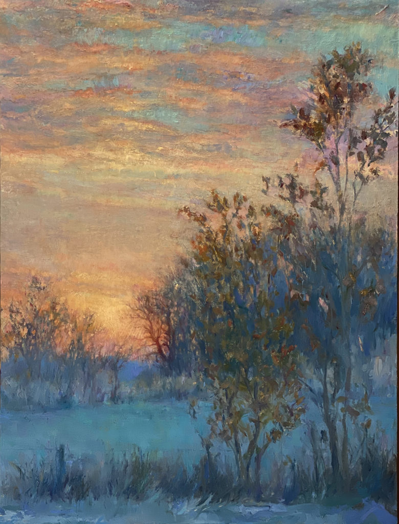 Oil painting of a sunrise over a winter landscape