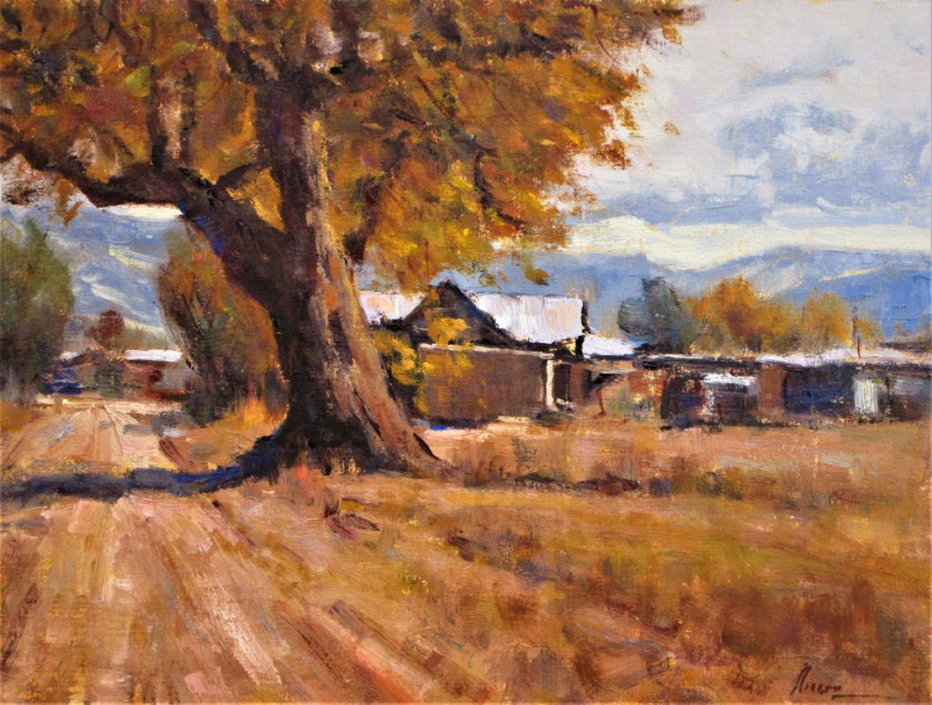 Oil painting of a farm scene with barn and tree