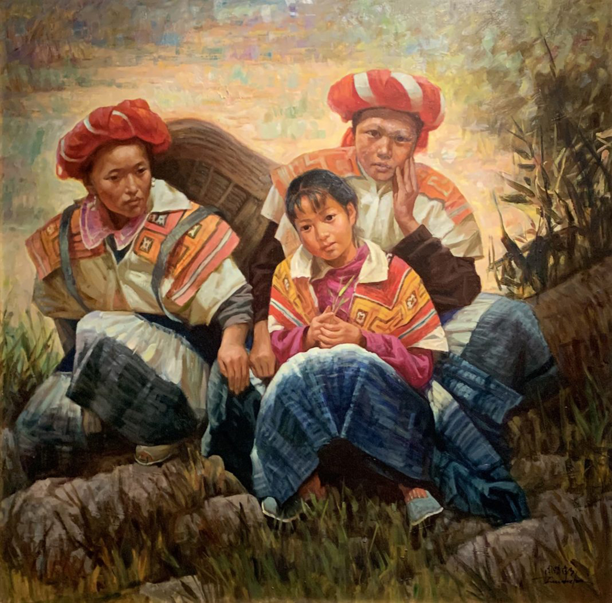 oil painting of three children sitting