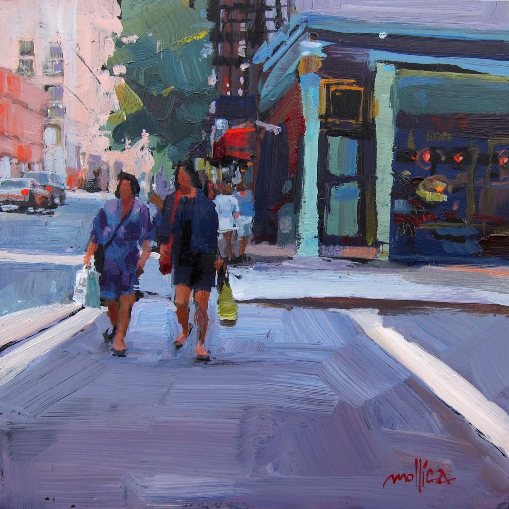 Patti Mollica, "SoHo Shopping Buds," 2016, acrylic on panel, 8 x 8 in., collection of the artist