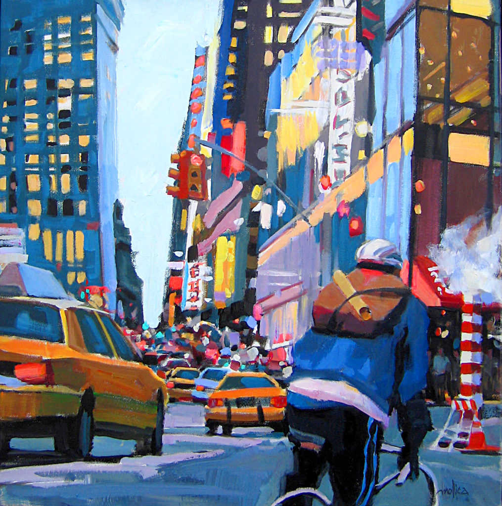 Patti Mollica, "Times Square Biker," 2017, acrylic on canvas, 30 x 30 in., collection of William Shortell, Boston