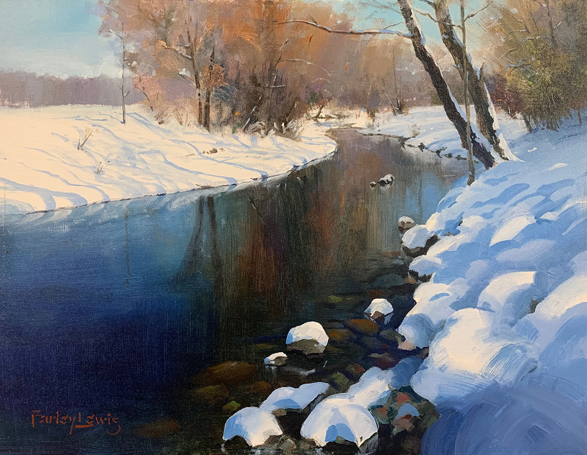 acrylic painting of snow scene by river