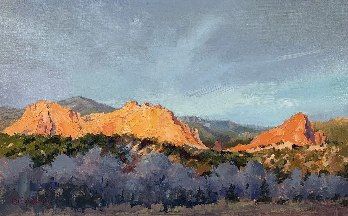 acrylic painting of sunlight hitting mountains 