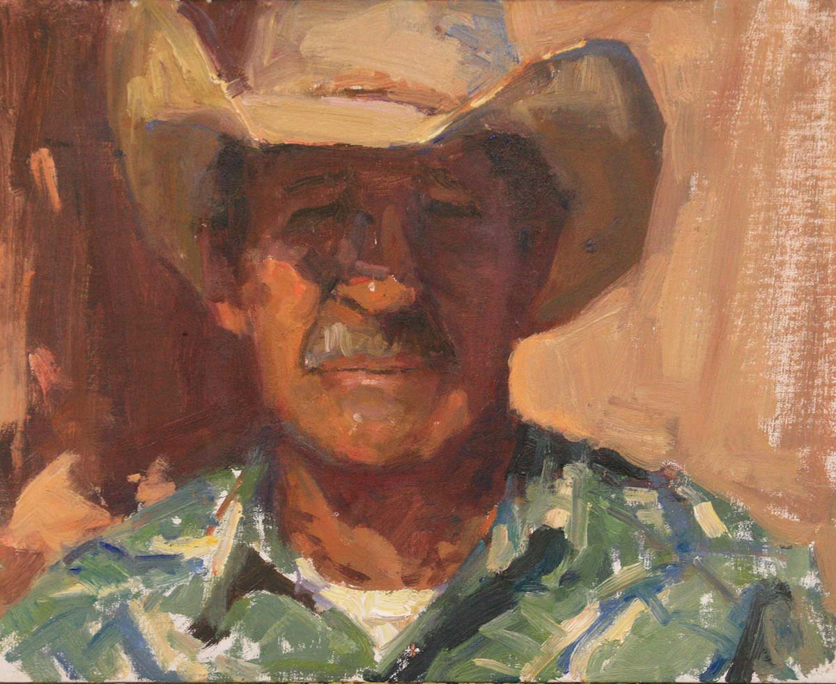 oil painting of man with straw hat