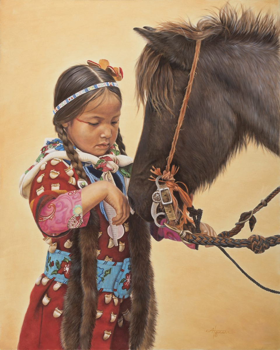 oil painting of Indigenous little girl petting horse