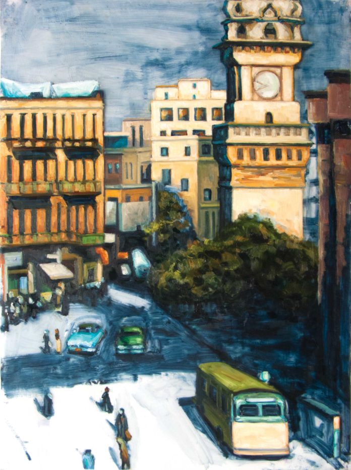 DIANA JENSEN (b. 1965), Aleppo 1962, 2021, oil on Mylar with reverse painting, 40 x 30 in.
