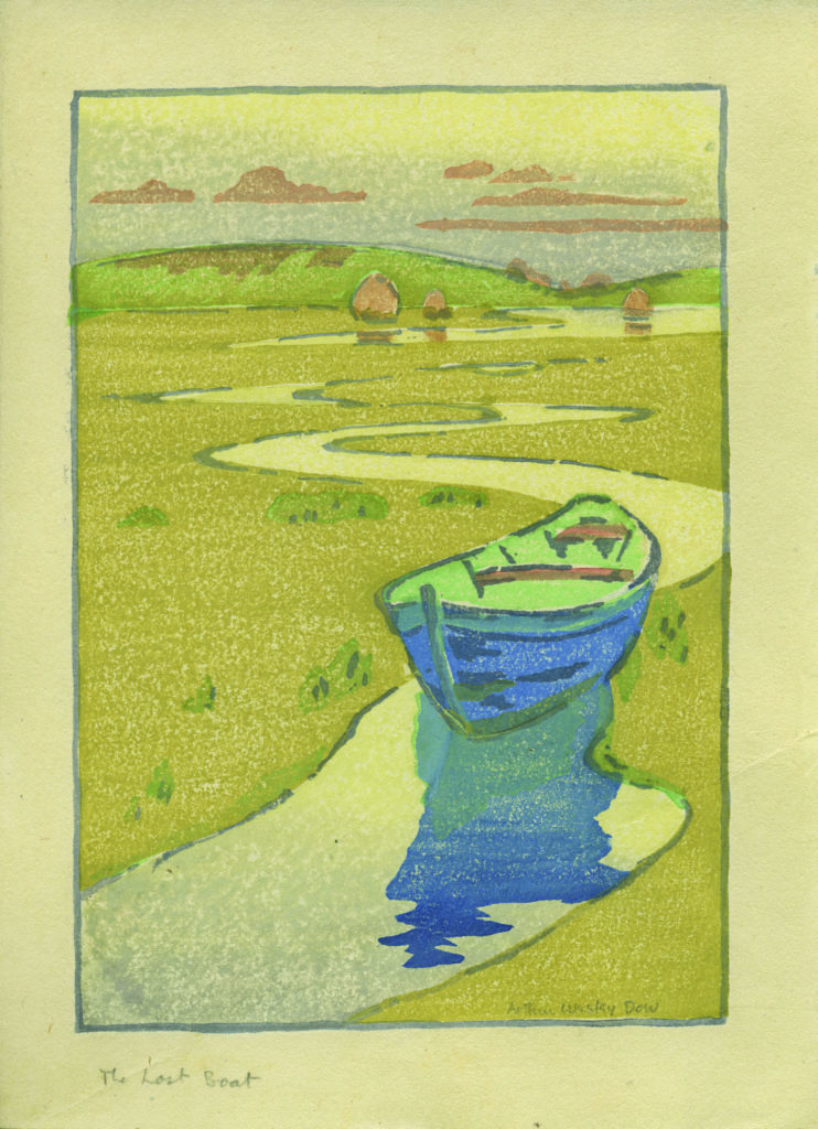 Arthur Wesley Dow (1857–1922), "The Derelict, or The Lost Boat," 1916, color woodcut, 5 13/16 x 4 1/16 in., museum purchase, 2016.4.1