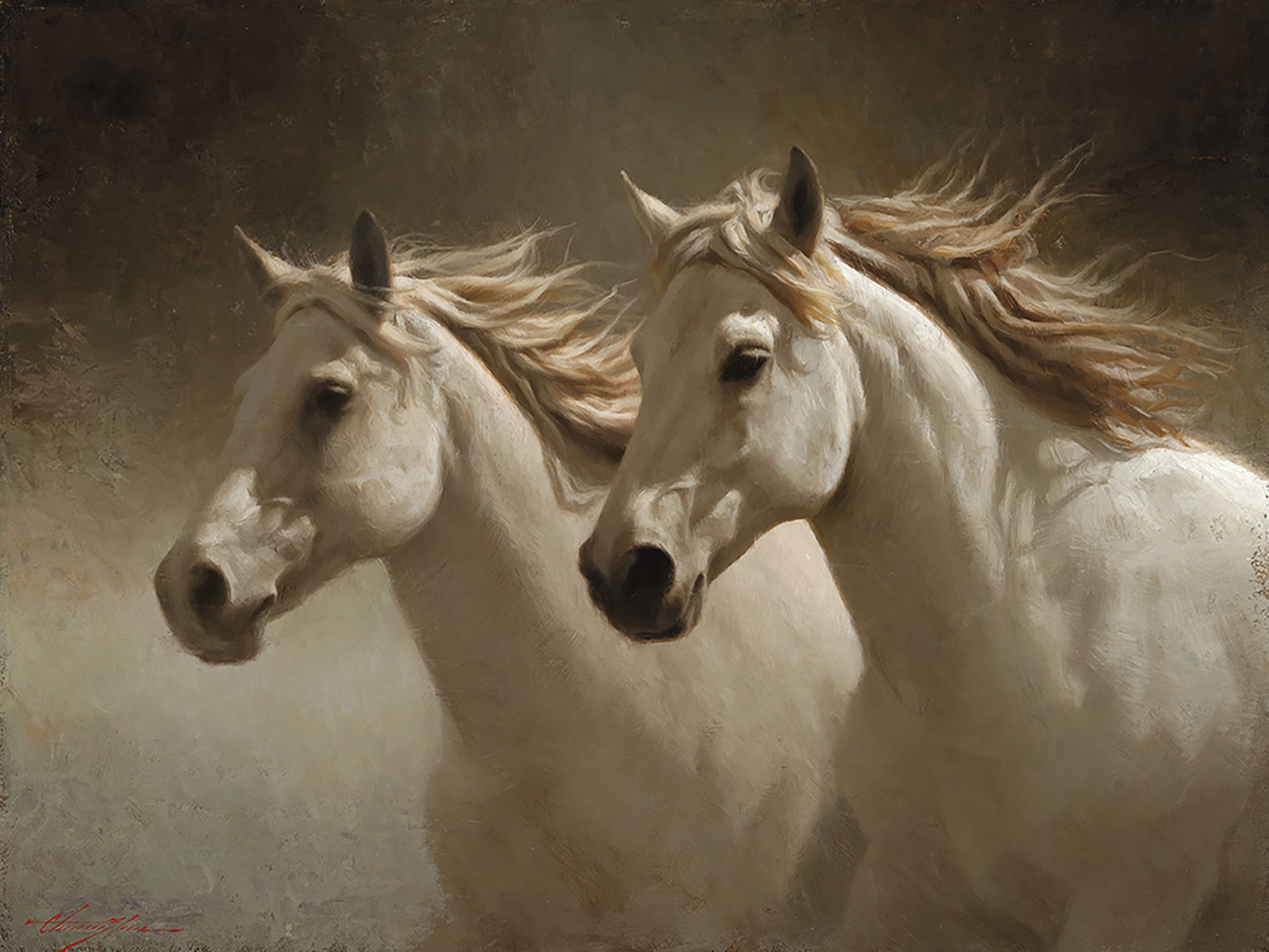 oil painting of horses running