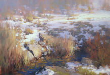 Featured Artwork: Barbara Jaenicke oil painting of river bend covered in snow