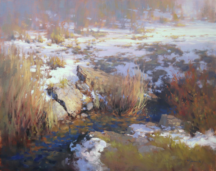 oil painting of river bend covered in snow