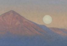 Featured Artwork: Susan Hediger Matteson oil painting of pale sun behind mountains