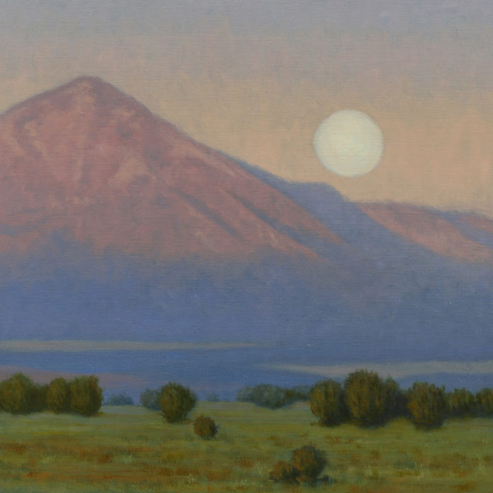 oil painting of pale sun behind mountains