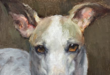 Featured Artwork: Johanne Mangi oil painting of hound 3/4 portrait