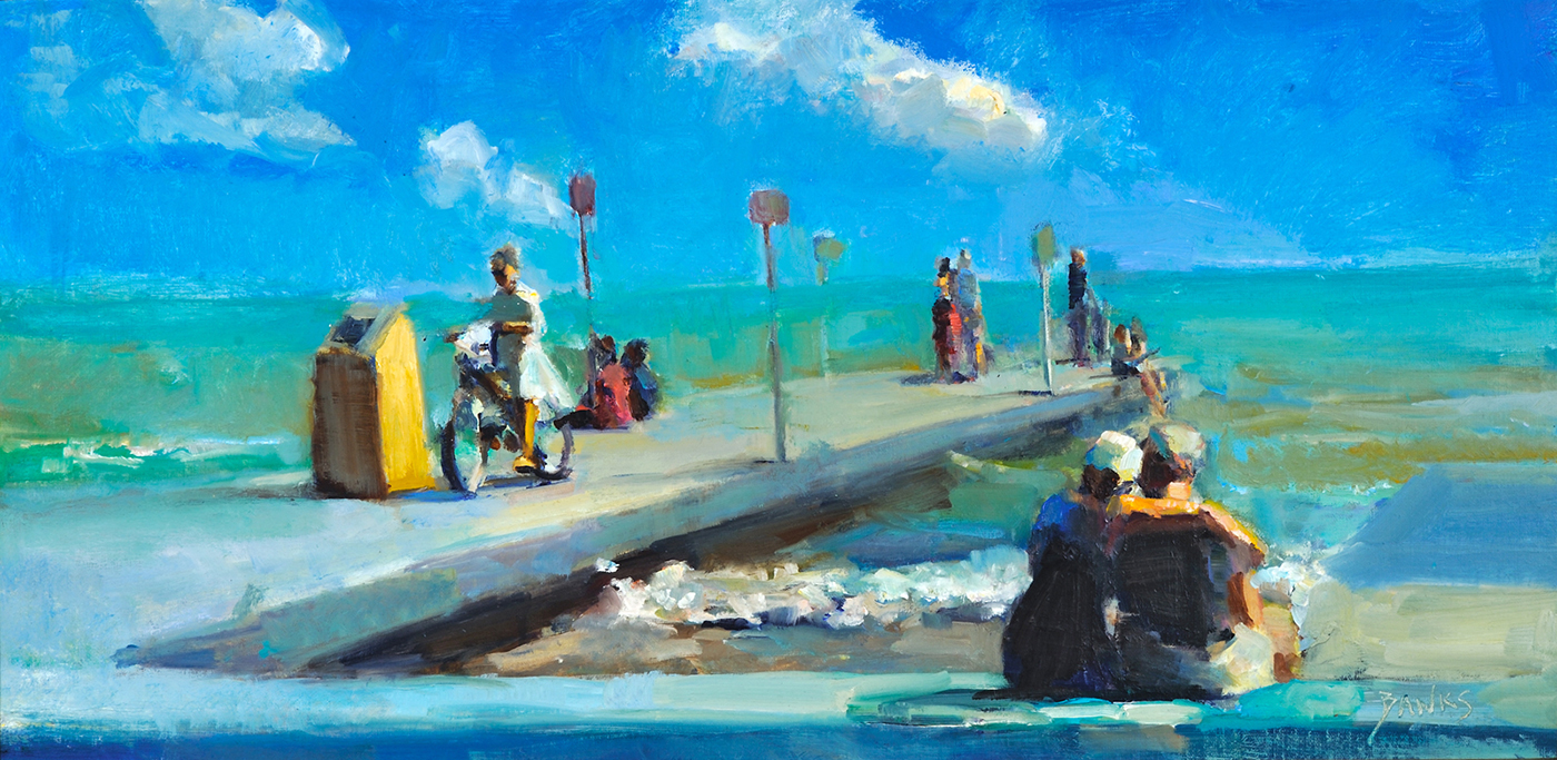 oil painting of recreational activity by the beach