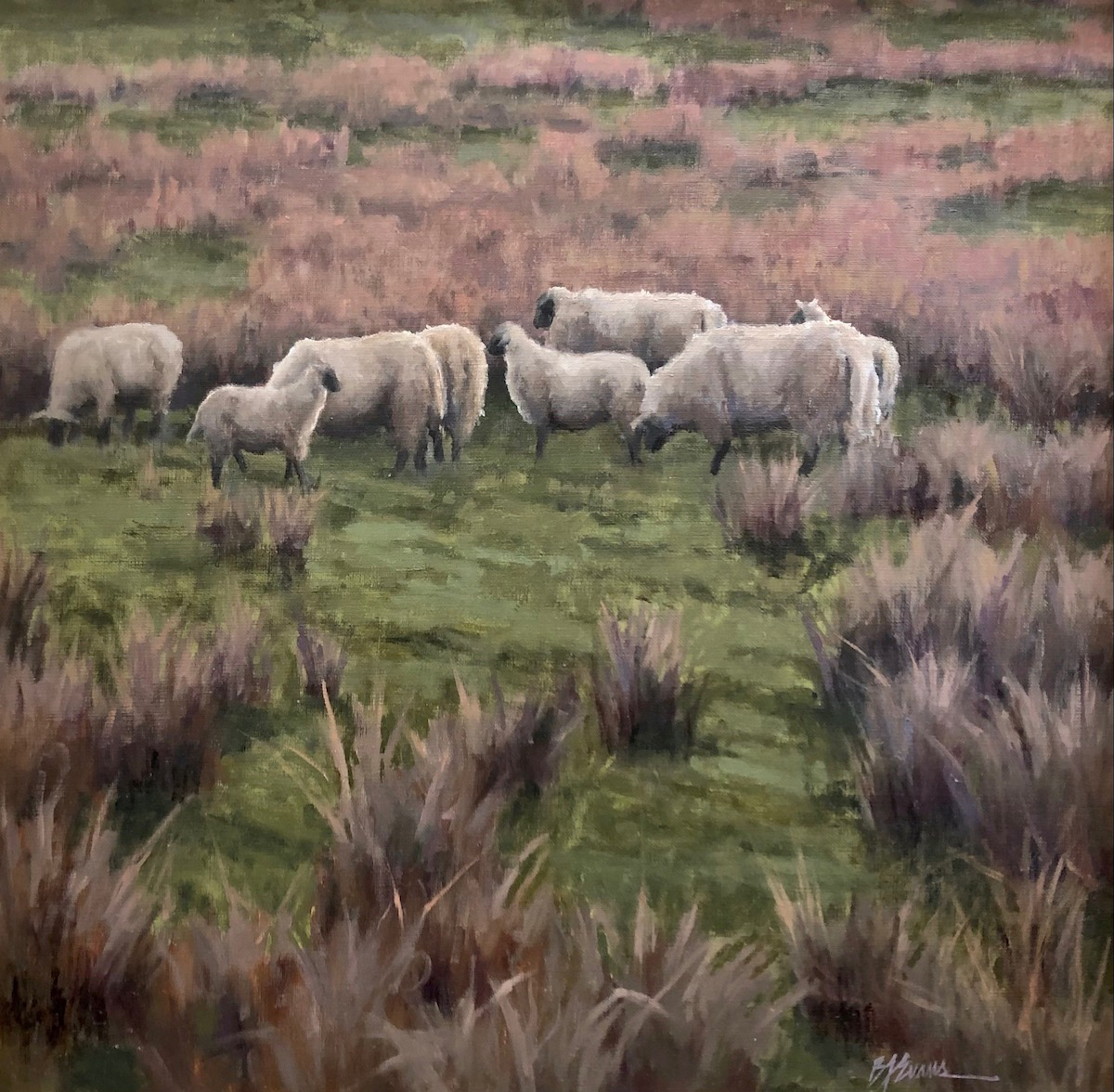 oil painting of sheep grazing in field