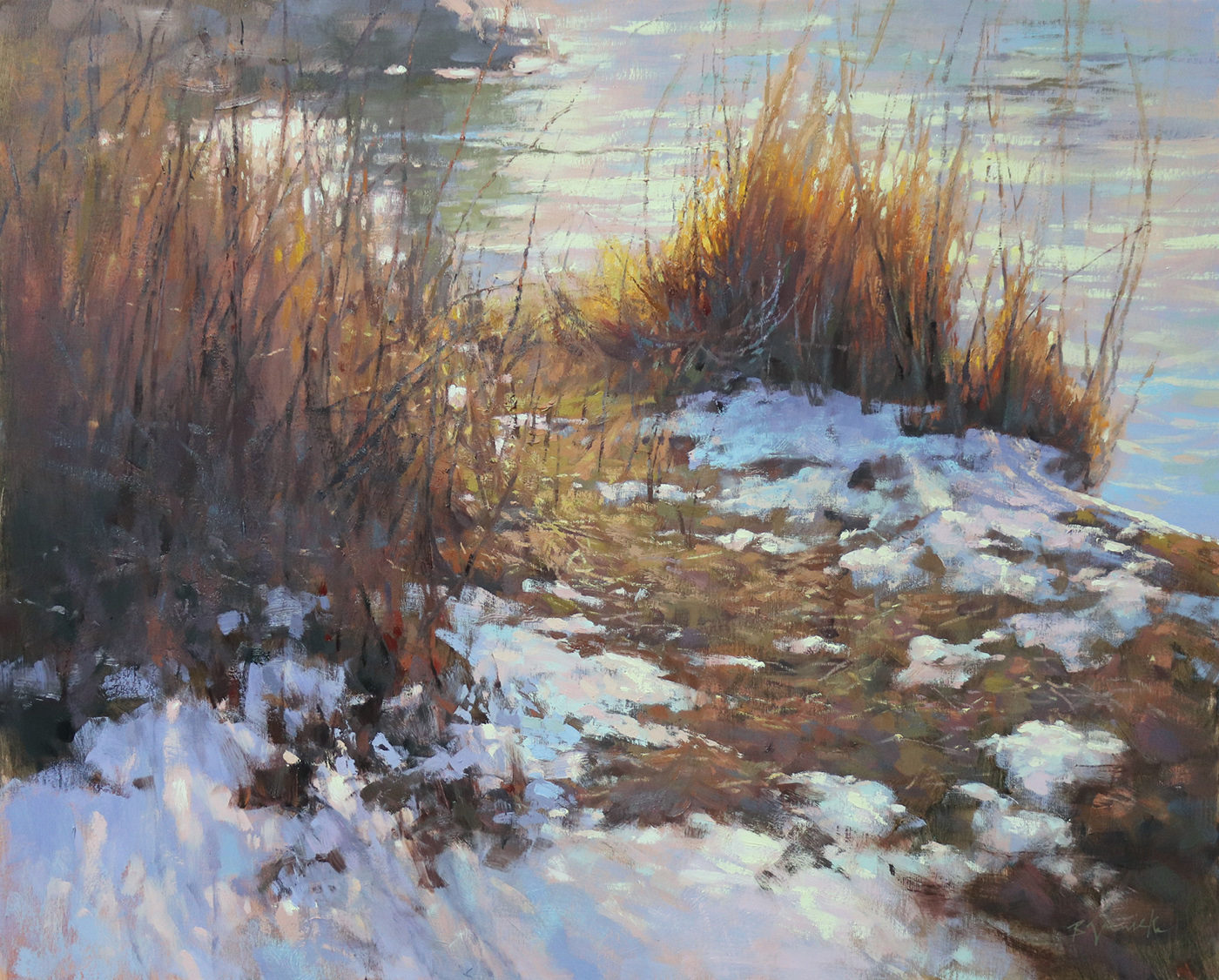 oil painting of riverbed thawing from winter