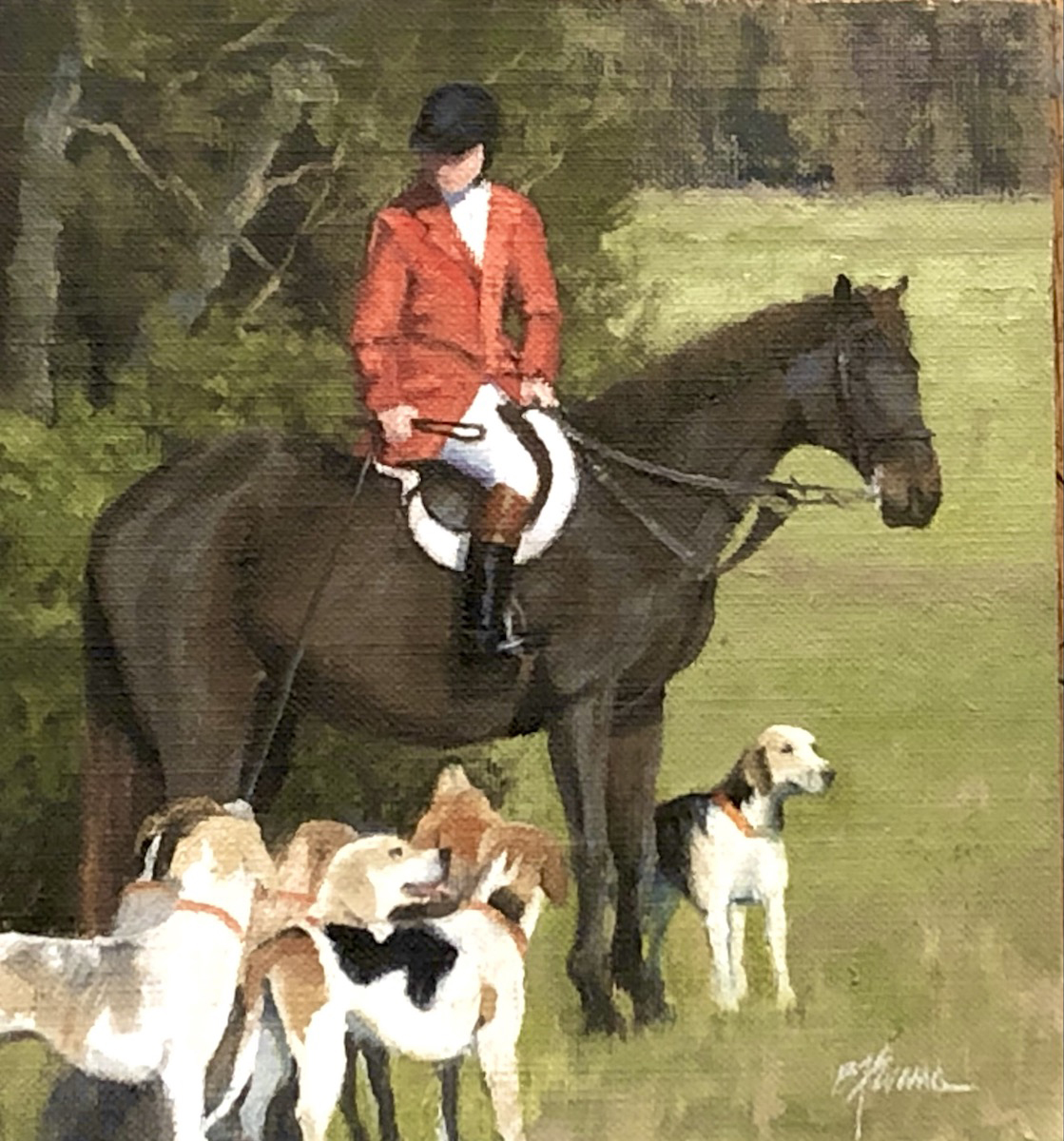 oil painting of fox hunter on horse with hounds surrounding them