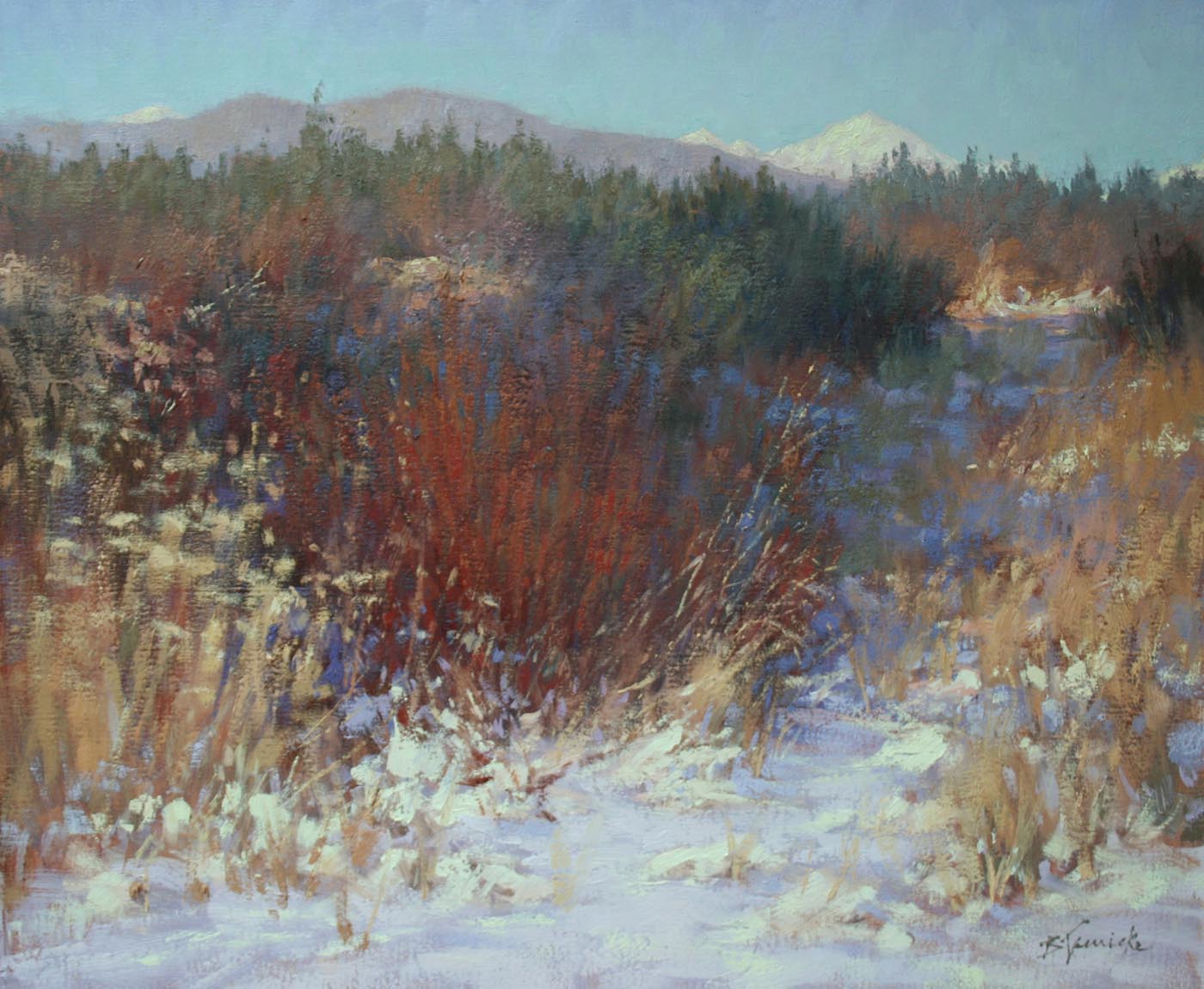 oil painting of mountains and terrain of color through winter 