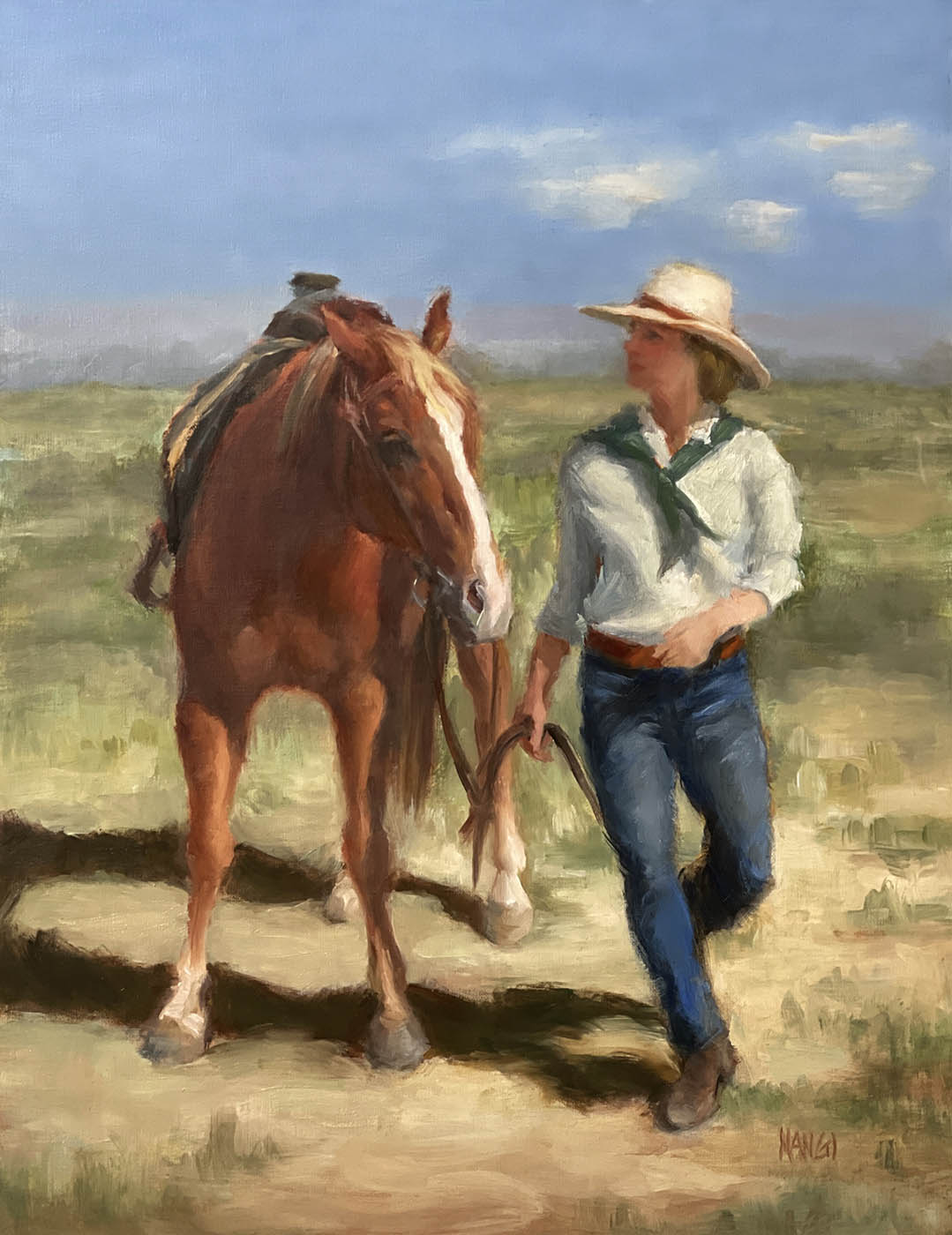 oil painting of a woman walking with horse