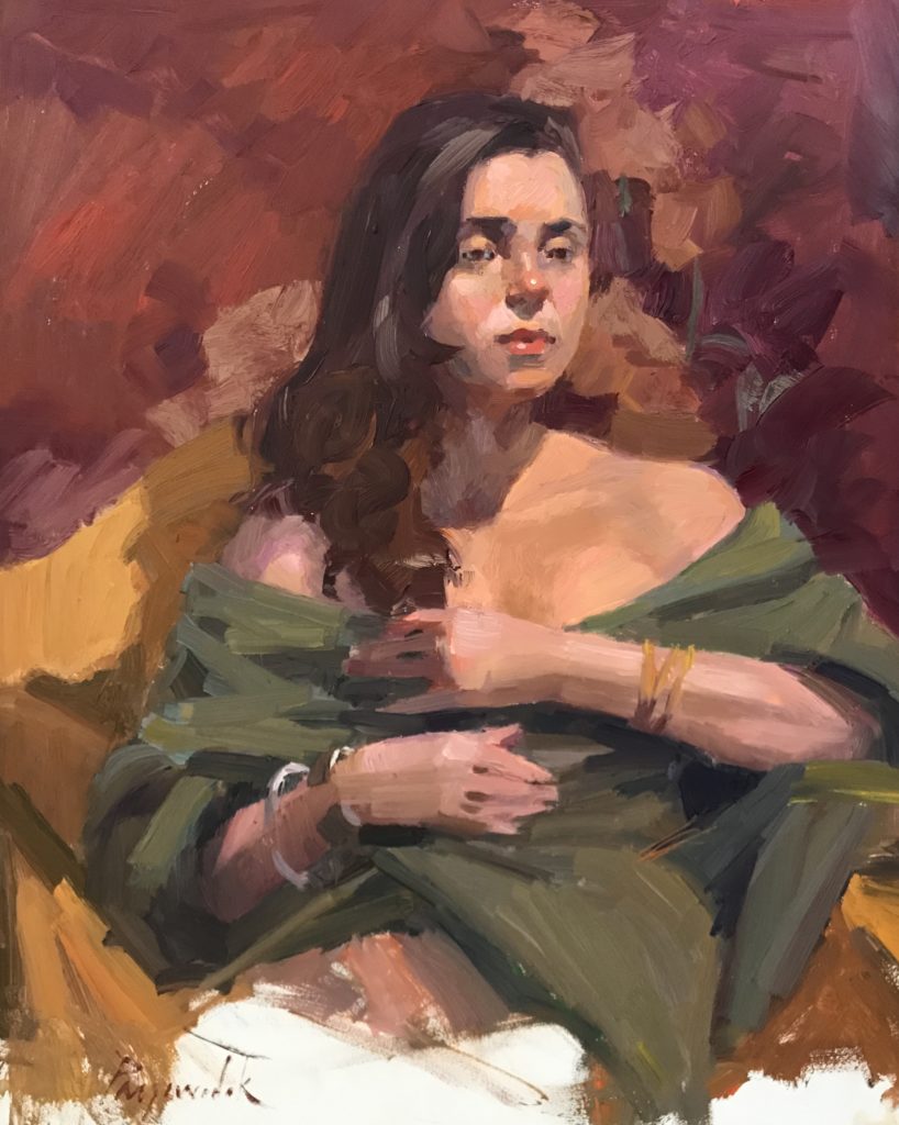 American Impressionism - Camille Przewodek AISM, "Girl in Green Shawl," Oil, 14 x 11 in., $2700