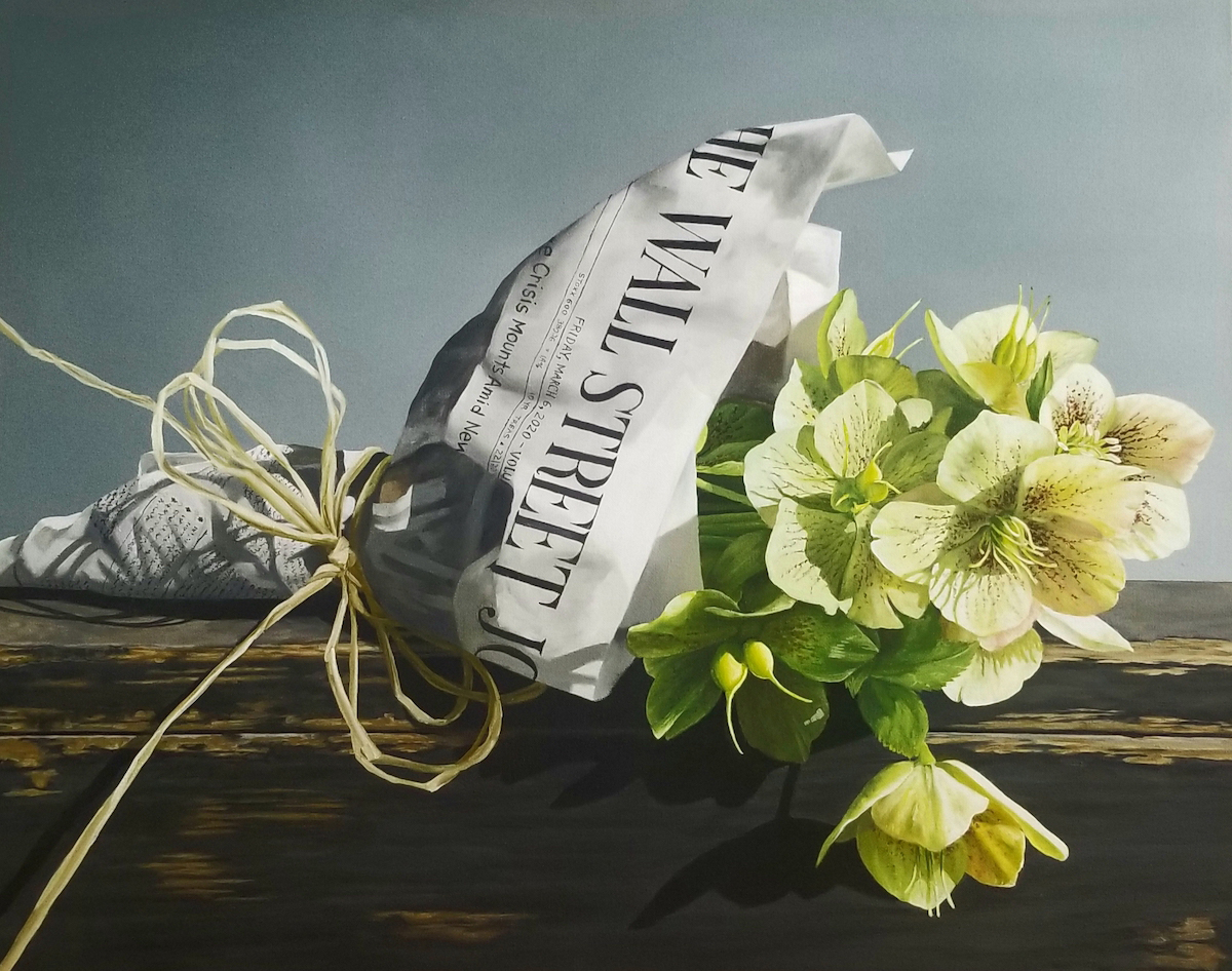 oil painting of flowers wrapped in newspaper