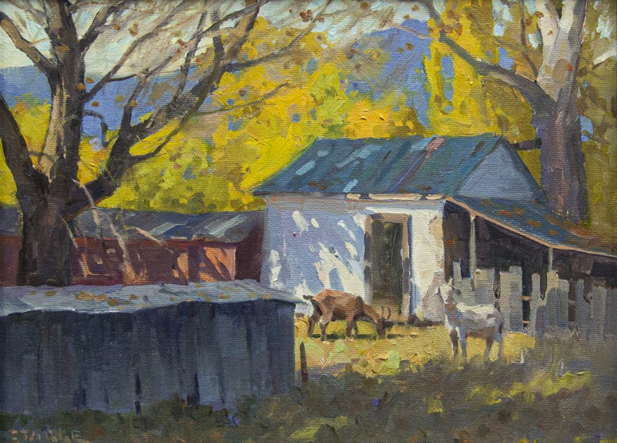 oil painting of barn house on a farm, on a sunny day