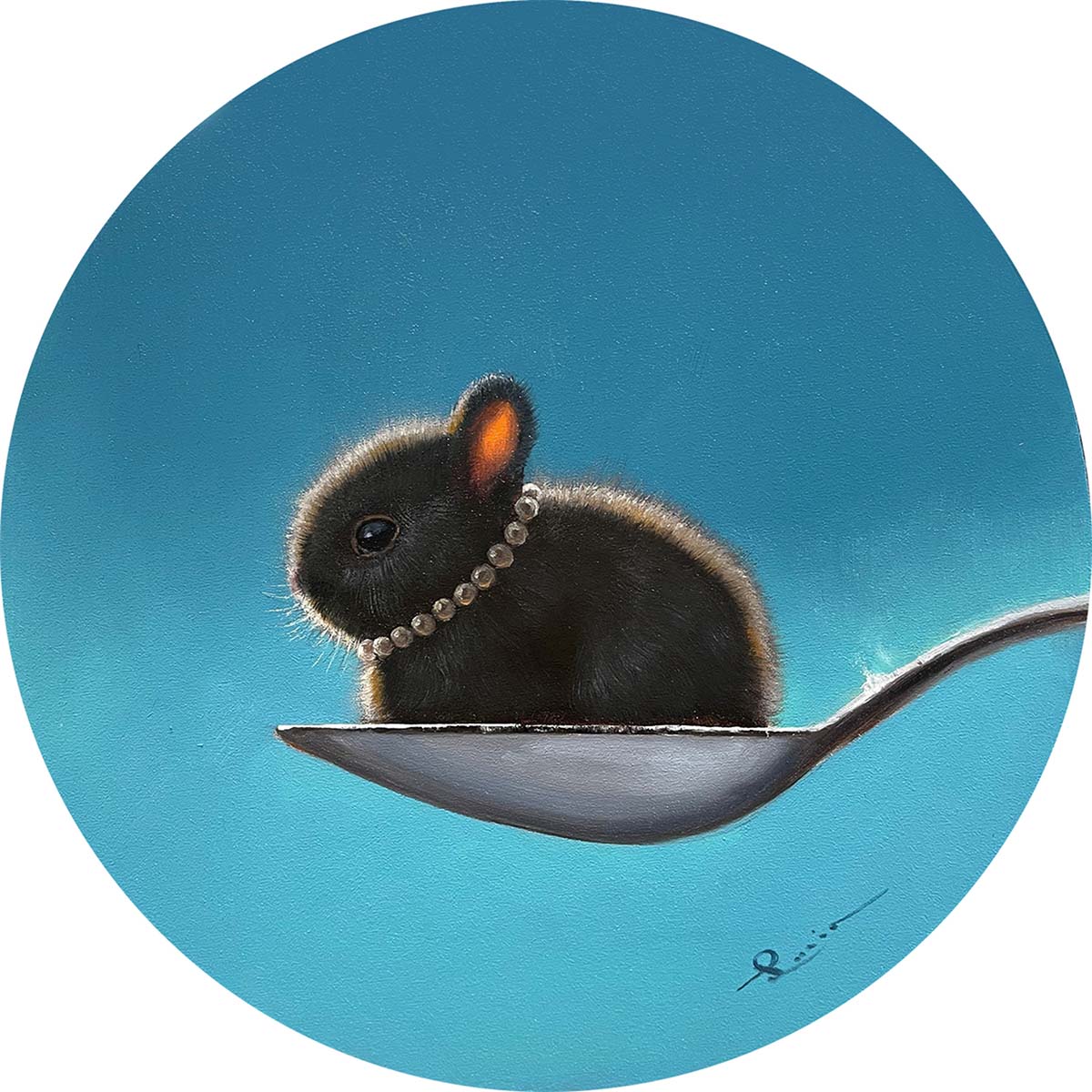 oil painting of bunny sitting on spoon