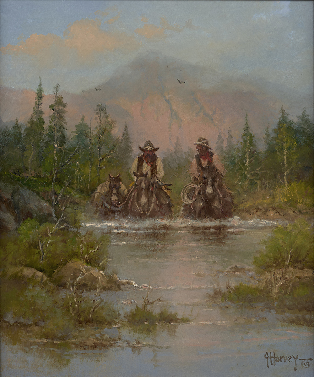 oil painting of riders walking through water