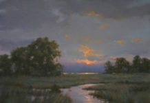 Featured Artwork: Paula Holtzclaw oil painting of sunset over marsh