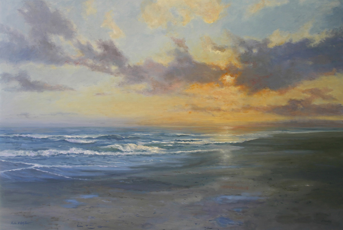 oil painting of sunset over beach