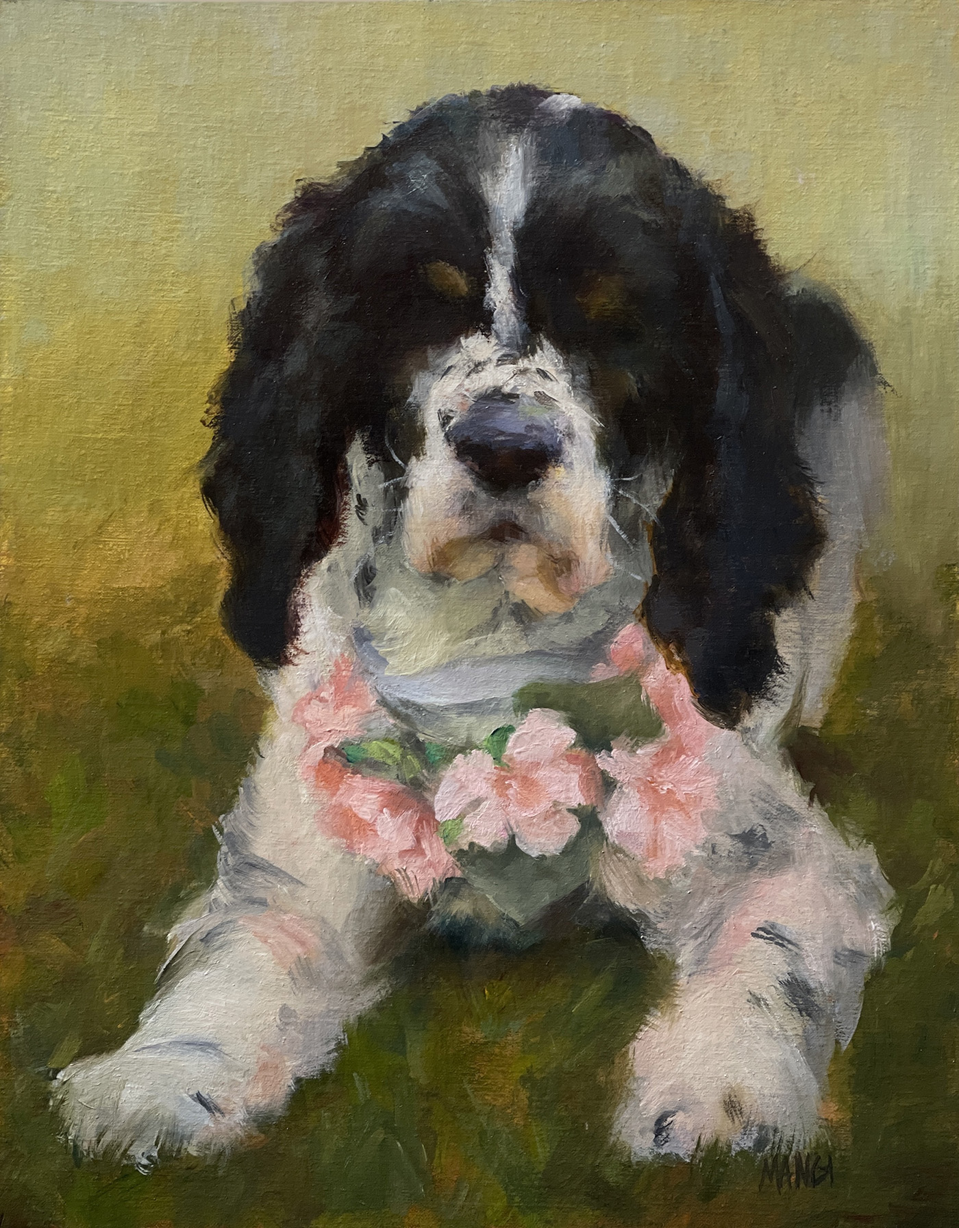 oil painting of blind dog sitting down, with flowers around its neck