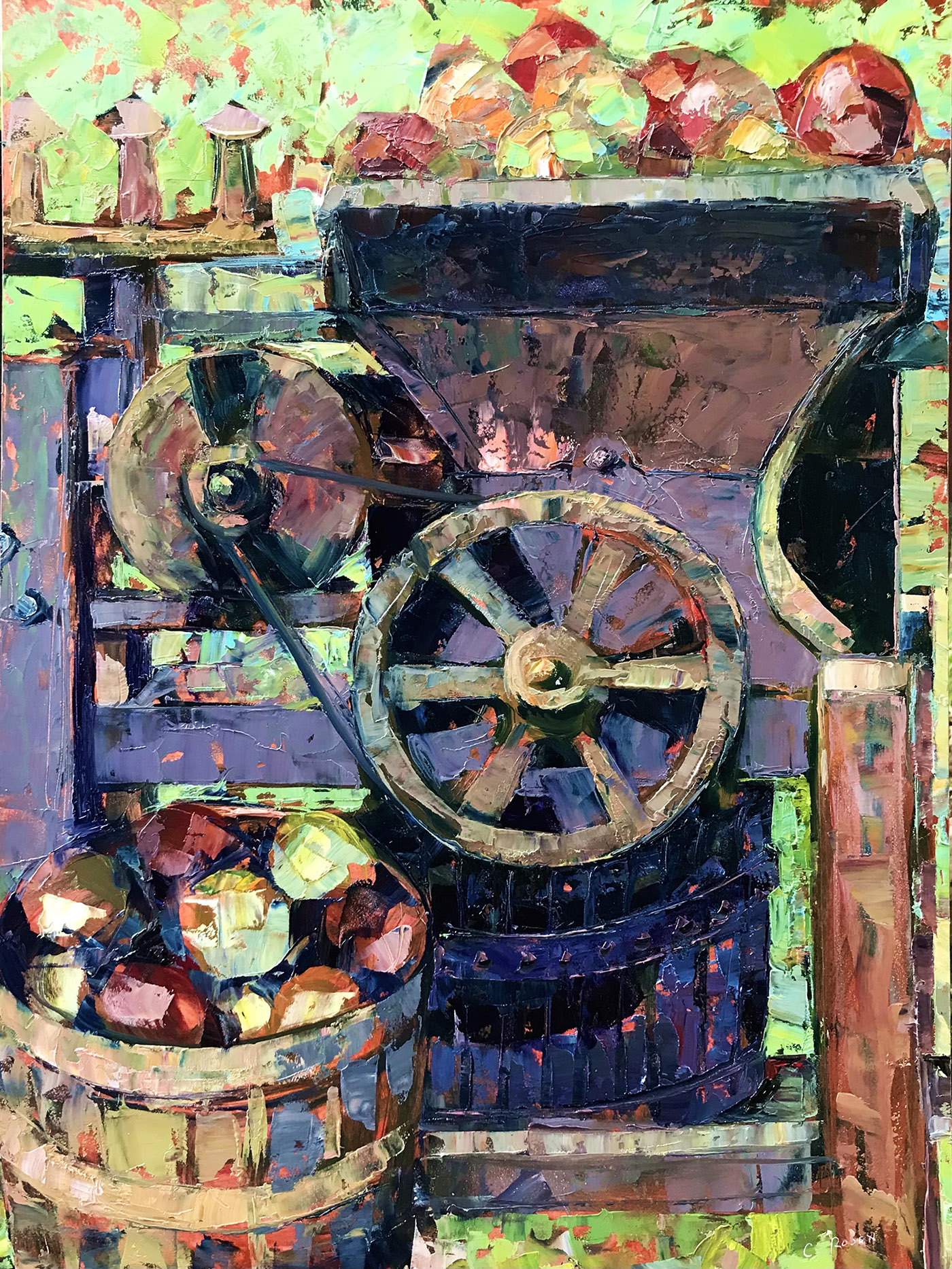 oil painting of an old cider press