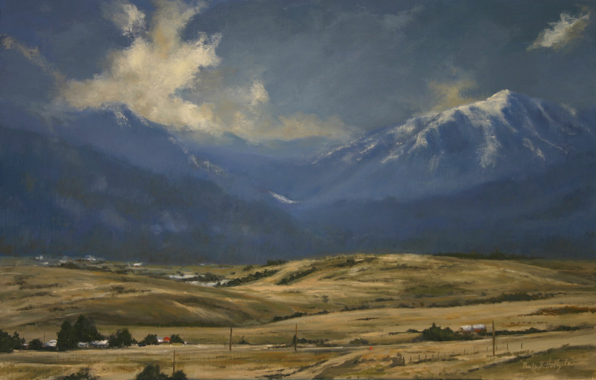 oil painting of sunlight, rigid landscape with mountains in the background