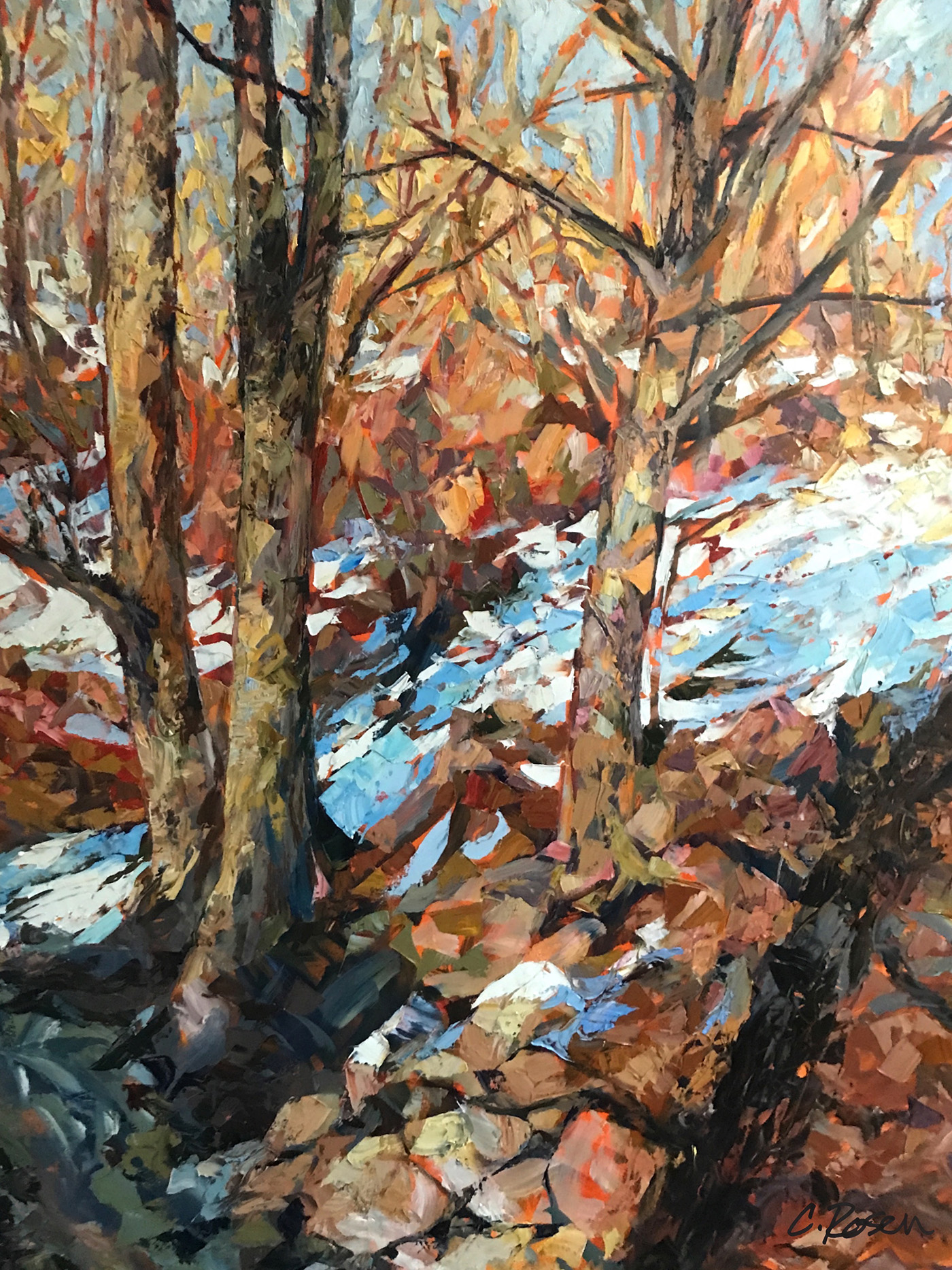 oil painting of snow covered ground, along the river bank