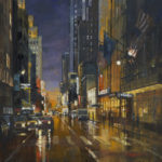 Featured Artwork: Richard Boyer oil painting of cityscape at night, after rain