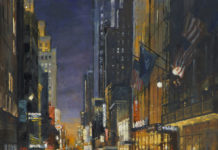 Featured Artwork: Richard Boyer oil painting of cityscape at night, after rain