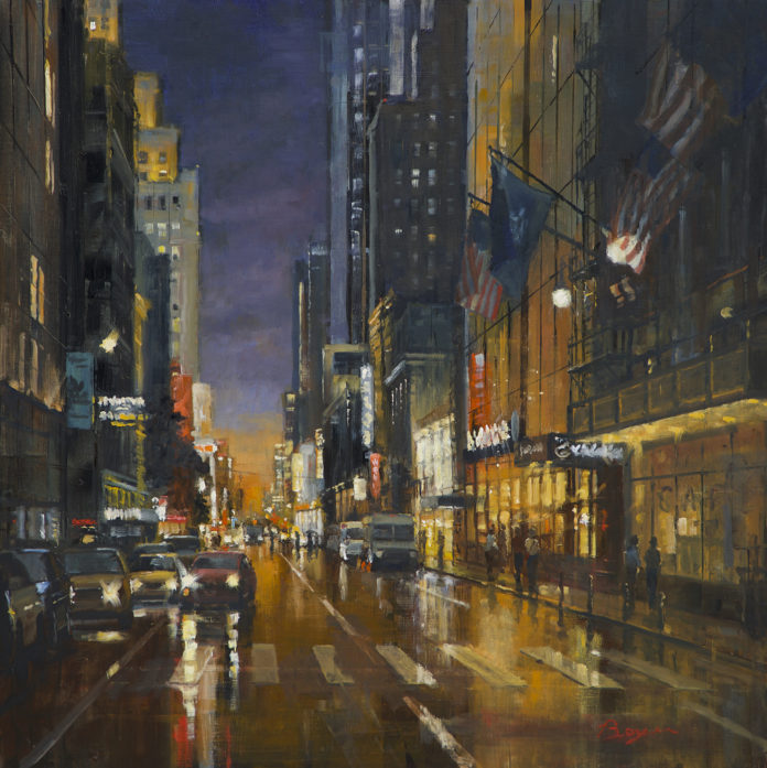 oil painting of cityscape at night, after rain