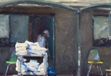 Featured Artwork: Carolyn Lindsey oil painting of housekeeper pushing towel cart