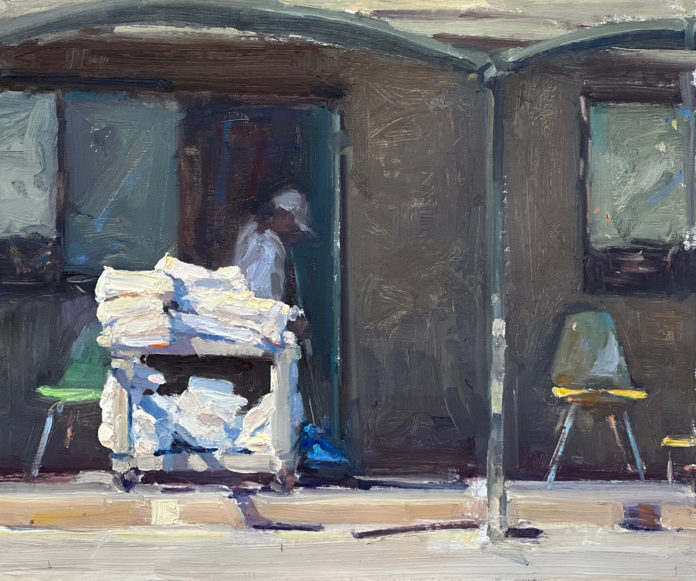 oil painting of housekeeper pushing towel cart