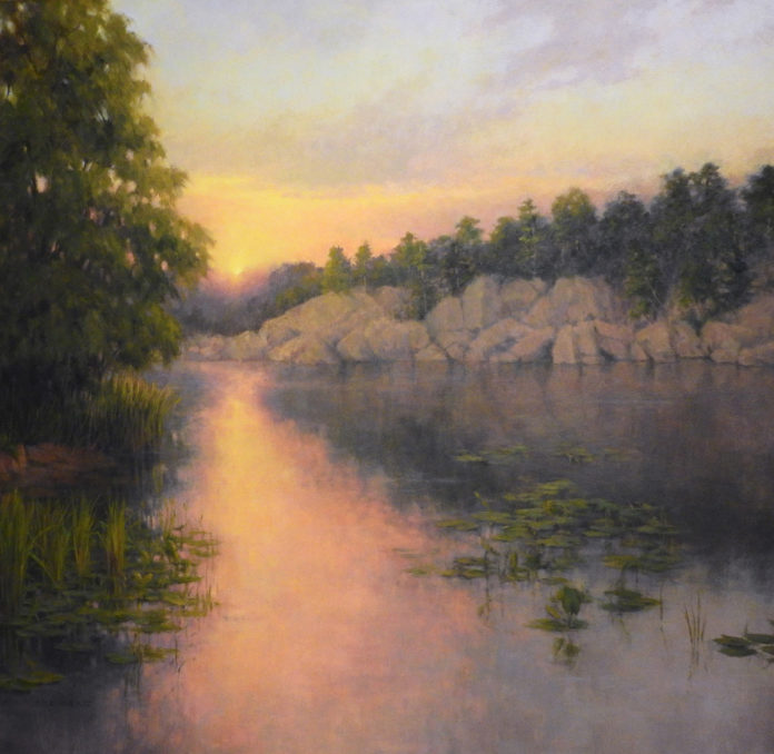 oil painting of sunset over pond