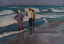 Featured Artwork: Nina Cobb Walker oil painting of artists' family walking along the beach