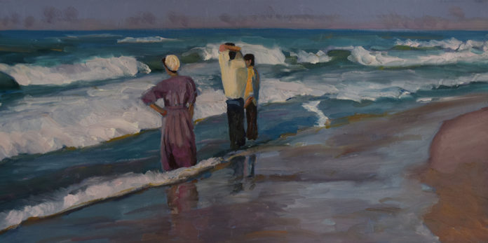oil painting of artists' family walking along the beach