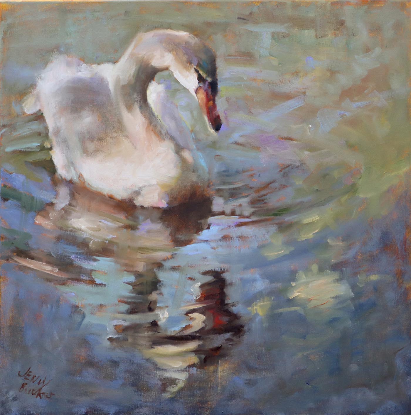 oil painting of swan swimming