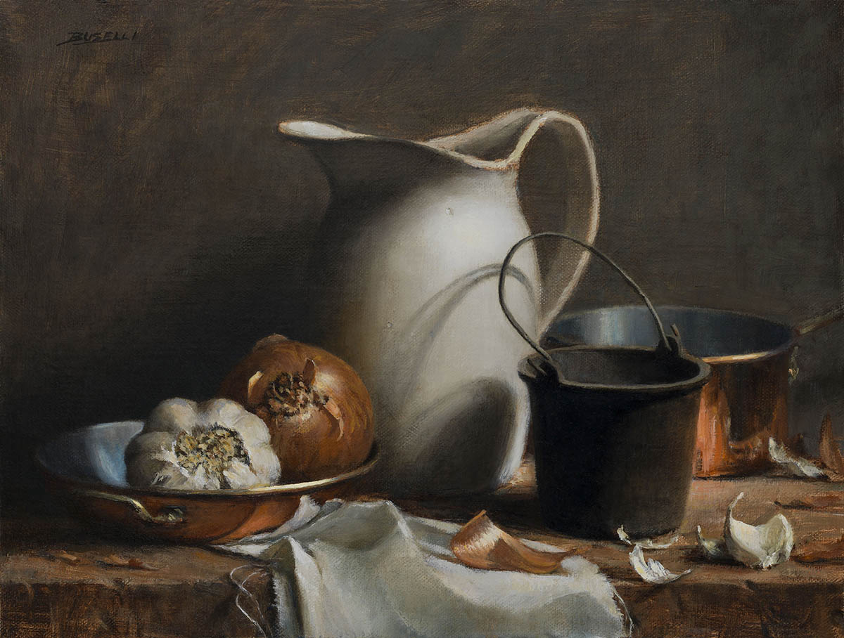 oil painting of still life objects, captured in north light studio