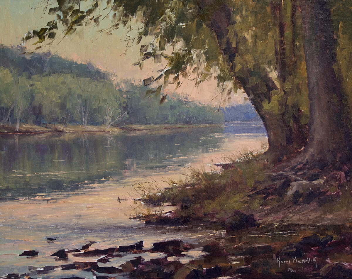 oil painting of 3/4 tree leaning over riverbed